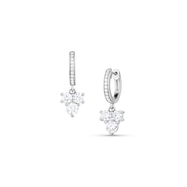 diamond cluster drop earring on diamond-faced huggie hoop, in 18k white gold <span class='visuallyhidden'>Call, text 323-404-2959 for shop help.</span>
